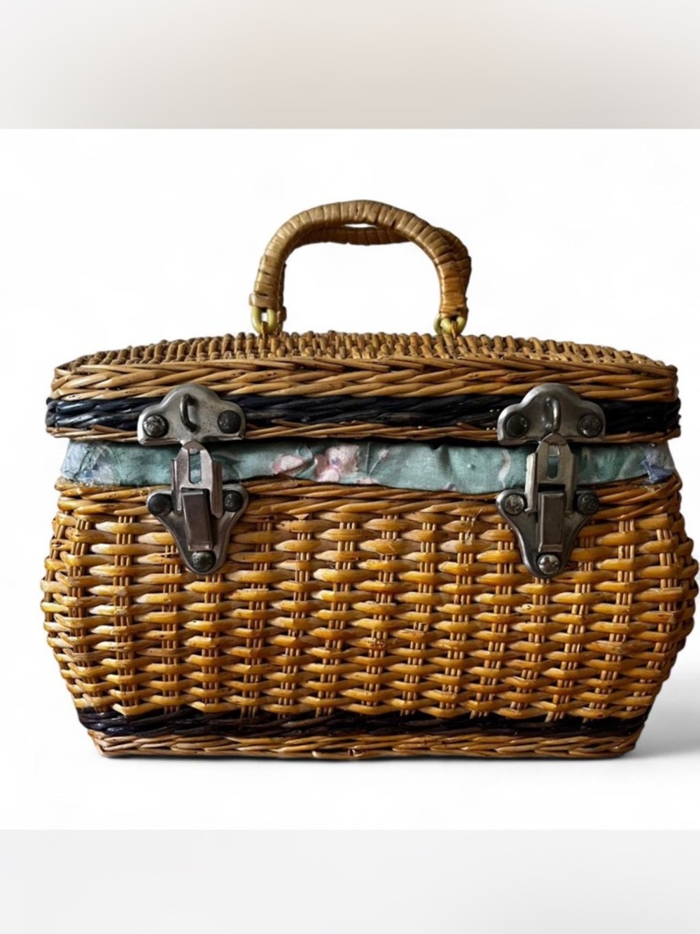 Vintage 50s Garden Cottagecore Basket Handbag Floral Cotton Liner Leather Strape